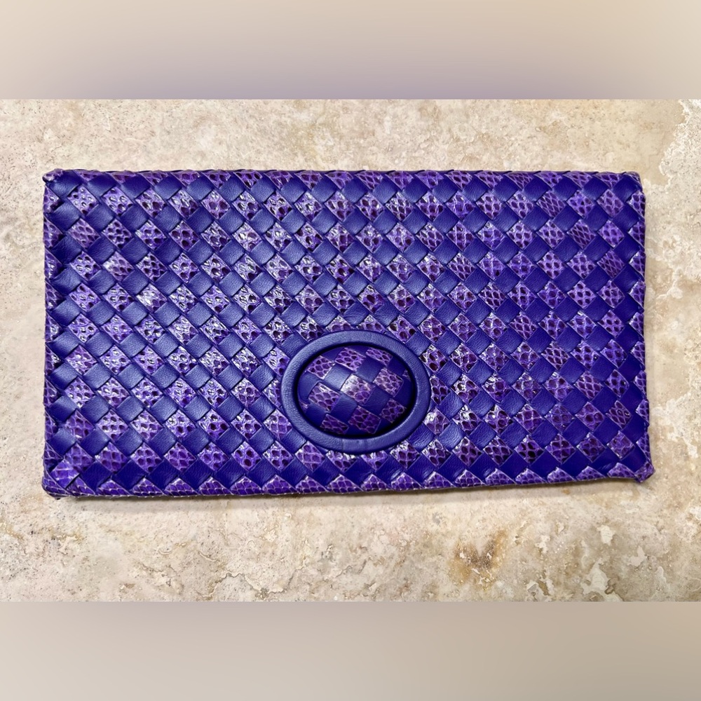 Bottega Veneta Lambskin and Snake Intrecciato Purple Clutch - Picture 2 of 12